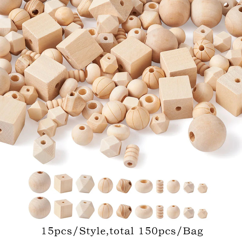 Natural Wood Beads Unfinished Round Geometric Polygon Bicone Spacer Wooden Beads