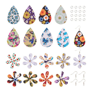 Teardrop Flower PU Leather Pendants Earrings Kit for DIY Dangle Earrings