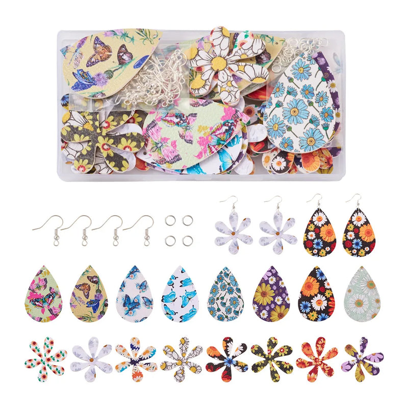Teardrop Flower PU Leather Pendants Earrings Kit for DIY Dangle Earrings