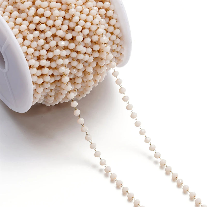 1m 3mm Crystal Stone Stainless Steel Bead Gold Chain Necklace
