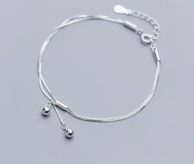 925 Sterling Silver Double Rows Lucky Ball Round Anklet Bracelet