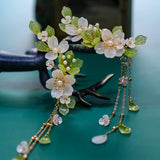 Green Flower Hairpin Tassel Pearl Headpiece Ancient Party Barrette Jewelry