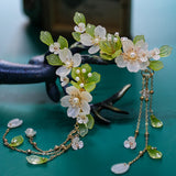 Green Flower Hairpin Tassel Pearl Headpiece Ancient Party Barrette Jewelry