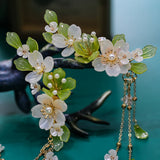 Green Flower Hairpin Tassel Pearl Headpiece Ancient Party Barrette Jewelry