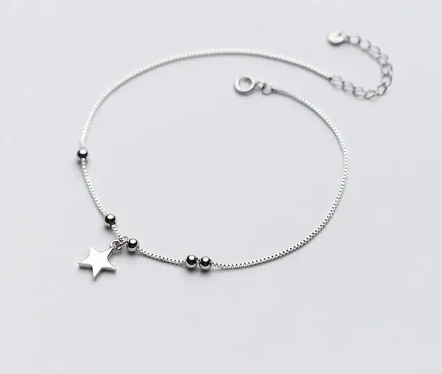 925 Sterling Silver Star & Round Beads Anklet Bracelet