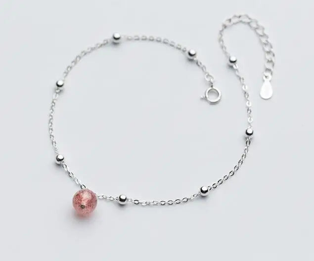 925 Sterling Silver Strawberry Stone & Round Beads Anklet Bracelet