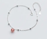 925 Sterling Silver Strawberry Stone & Round Beads Anklet Bracelet