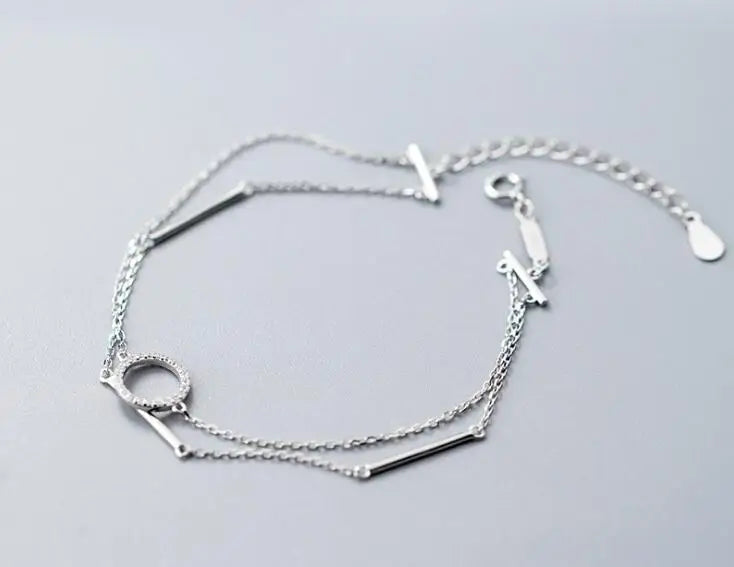 Real 925 Sterling Silver CZ Lucky Bar & Circle Bracelet