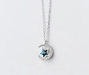 925 Silver Crystal Star Moon Necklace Pendant C-D3868