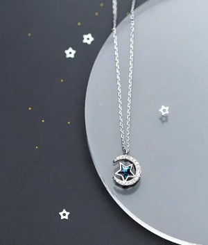 925 Silver Crystal Star Moon Necklace Pendant C-D3868
