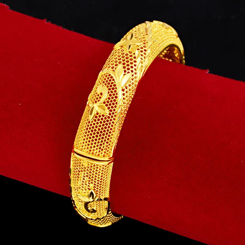 18K Yellow Plated Flower Bridal Bracelet Bangles Wedding Jewelry