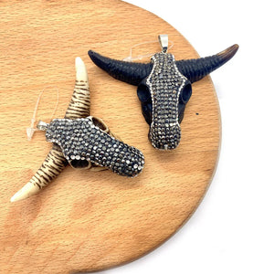 Bull Skull Shape Pendants with Rhinestone DIY Making Necklace Ox Bone