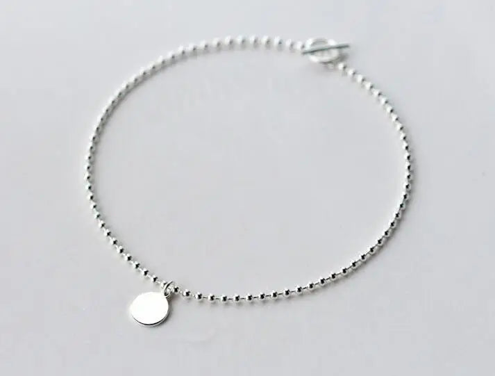 925 Sterling Silver Coin Round Beads Chain Anklet Bracelet