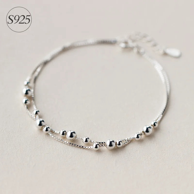 925 Sterling Silver 2ROWS Beads Chain Bracelet LS127