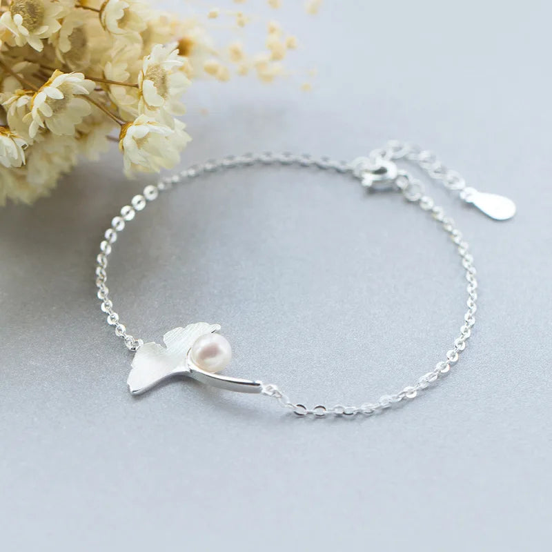 925 Sterling Silver Ginkgo Leaf & Freshwater Pearl Chain Bracelet Charm