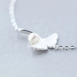 925 Sterling Silver Ginkgo Leaf & Freshwater Pearl Chain Bracelet Charm