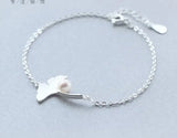 925 Sterling Silver Ginkgo Leaf & Freshwater Pearl Chain Bracelet Charm