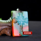 Colorful Jade Cross Pendant Necklace Hand-Carved Luck Amulet Sweater Chain
