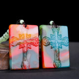 Colorful Jade Cross Pendant Necklace Hand-Carved Luck Amulet Sweater Chain