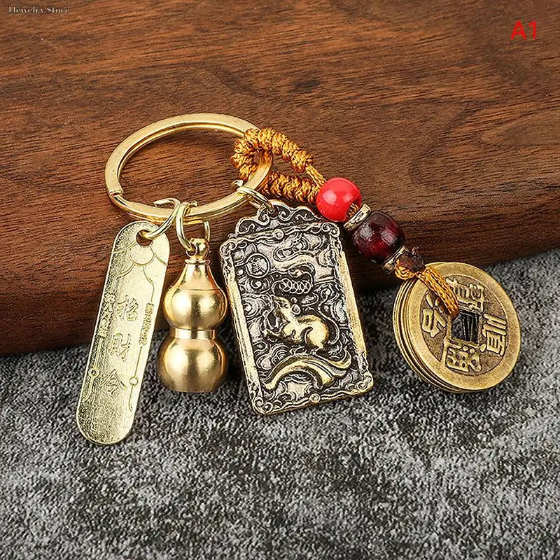 Chinese Zodiac Brass Gourd Five Emperors Money Keychain Fengshui Pendant