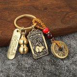 Chinese Zodiac Brass Gourd Five Emperors Money Keychain Fengshui Pendant