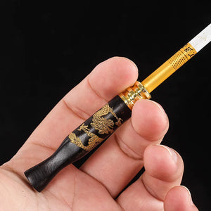 Ebony Carving Dragon Smoke Pipe Bit Straight Filter Wooden Tobacco Holder