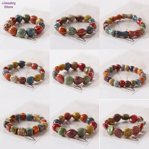 Ethnic Style Glaze Ceramic Beaded Bracelet Multicolor Elastic Love