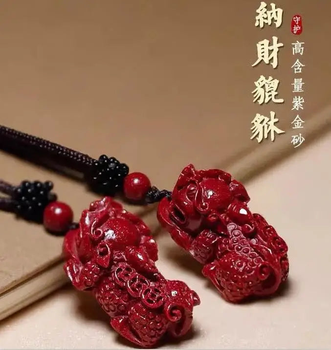 Cinnabar Jade Pixiu Pendant Necklace Hand-Carved Healing Luck Gift