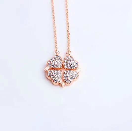 Double Side Four Heart Clover Necklace Love Folding Pendant Clover Chain