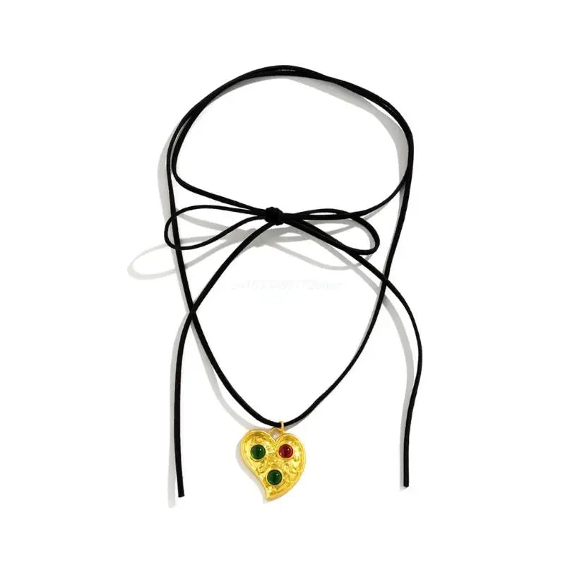 Irregular Love Heart Pendant Necklace Collar Choker Bowknot Neck Tie Rope Chain