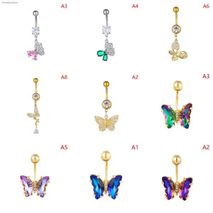 Butterfly Flower Zircon Pendant Belly Button Ring Navel Piercing