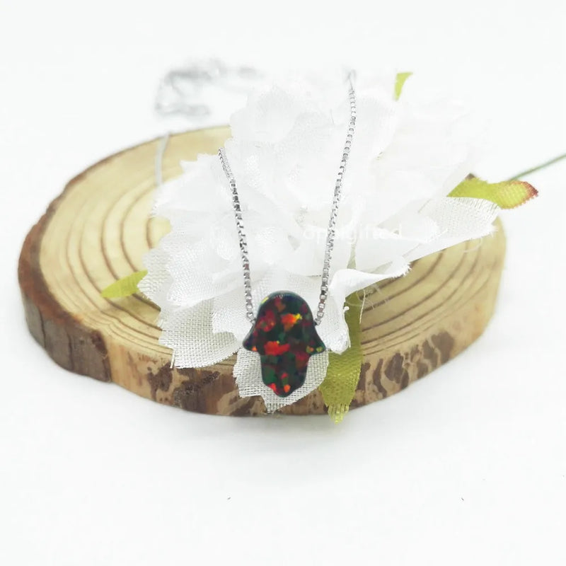 Dark blue/Green Synthetic Fire Hamsa Opal Hand Opal Necklace