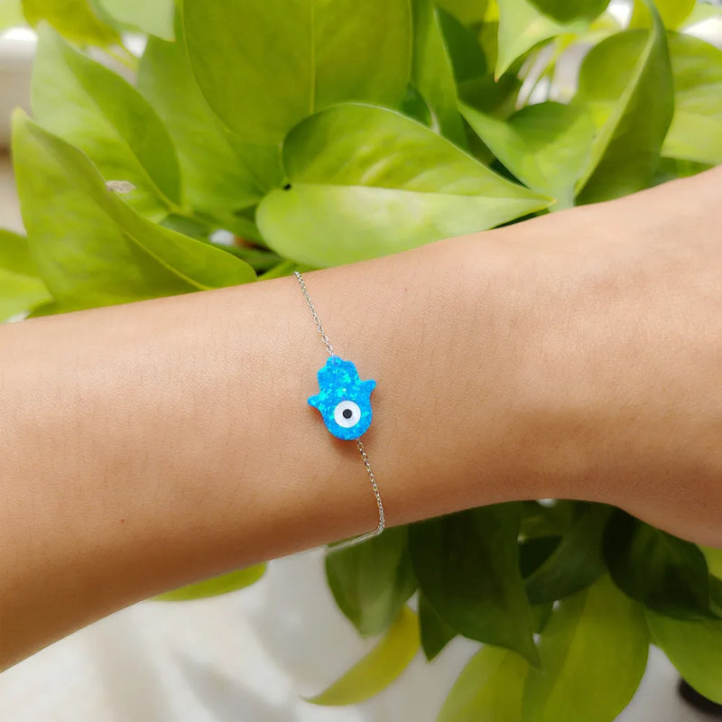 Synthetic Opal Hamsa Evil Eyes Bracelet 925 Silver O Chain