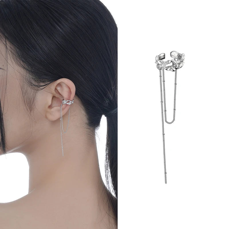 925 Silver Chain Tassel Ear Cuffs Textured Cartilage Earrings