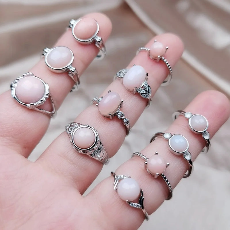 Geometric Natural Crystal Rings Pink Opal Quartz Stones