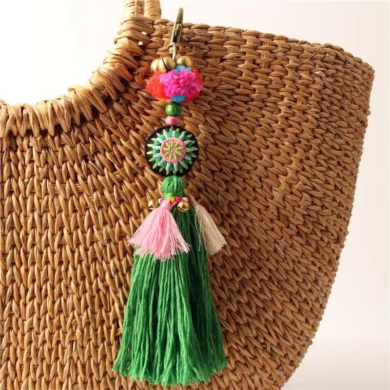 Green Boho Pom Pom Key Chain Bag Accessories Tassel Bag Purse Rainbow Charm