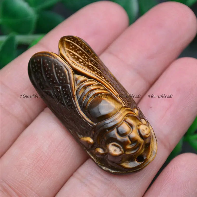 Good Tiger Eye Carved Insect Cicada Shape Gemstone Pendant for Necklace Making