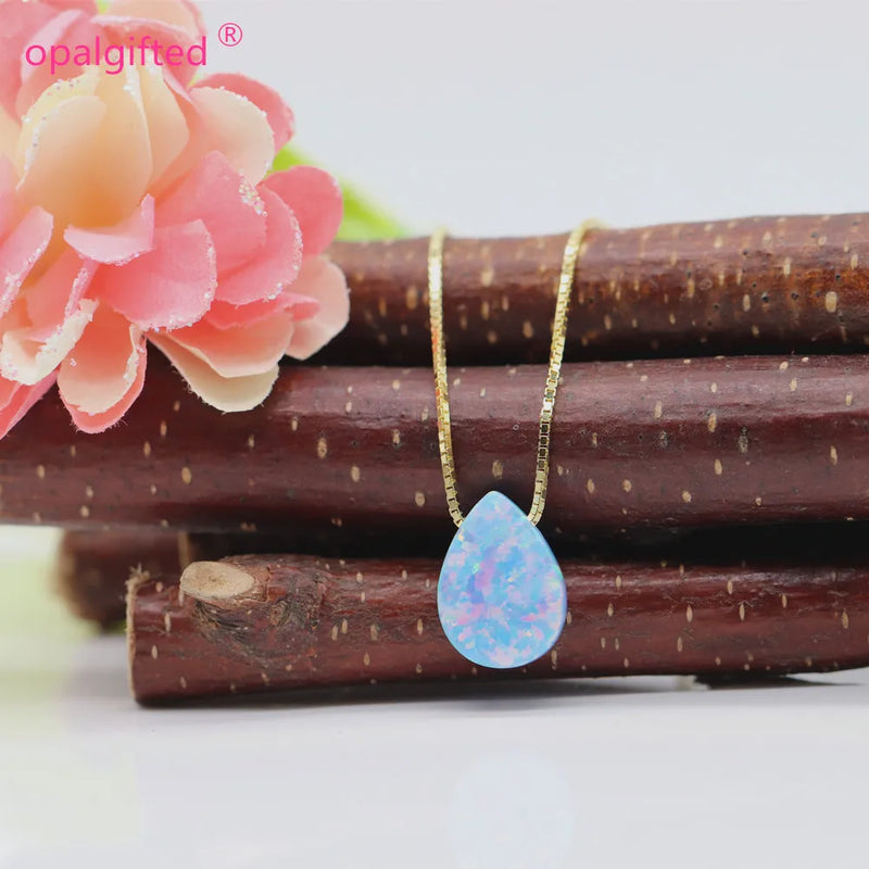 OP26 Cornflower Synthetic Opal Geometric Pear/Drop Pendant Necklace