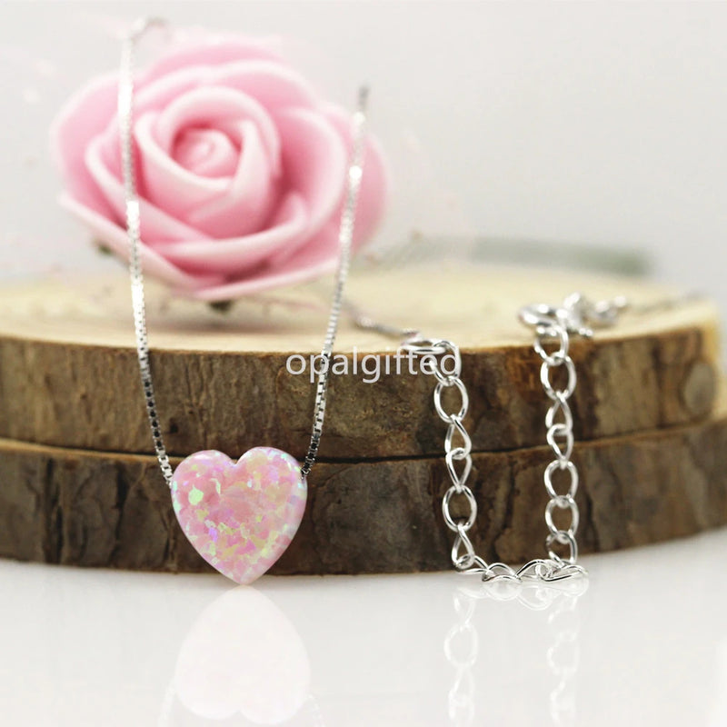 10mm 925 Silver Chain Chocker Necklace Synthetic Fire OP06 Opal Heart Pendant