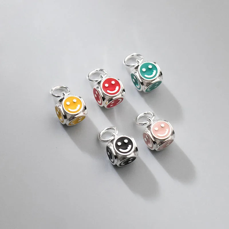 925 Sterling Silver Square Smile Jewelry Charms 5 Colors DIY Pendants