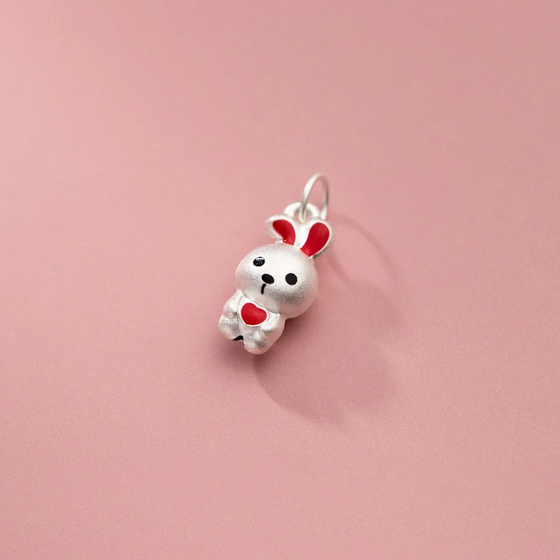 999 Pure Silver Rabbit Necklace Charm Red Ears Bunny Pendant DIY Jewelry
