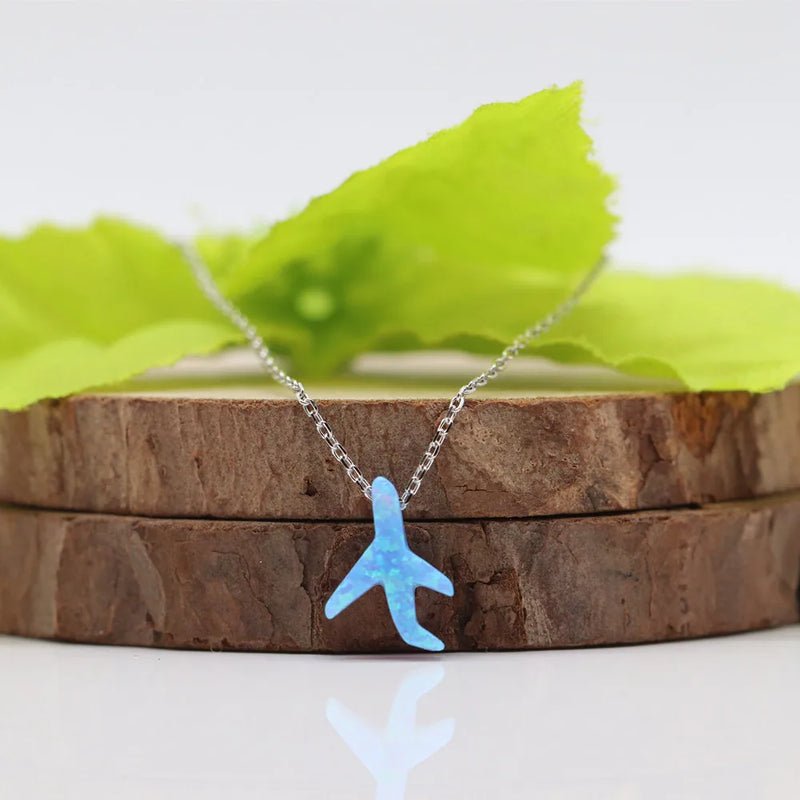 Op06 Synthetic Opal Airplane Pendant 925 Silver Necklace