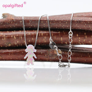 Pink Synthetic Opal Girls Pendant with Sterling 925 Silver Necklace