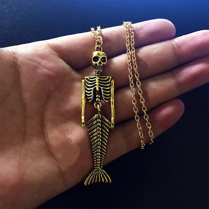 Mermaid Skeleton Pendant Halloween Necklace Steampunk Skull Jewelry