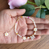 Natural 3-4mm Oval Pearl Beads 6 leaf Purple flower Girl Bracelet