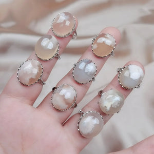 Natural Crystal Ring Silver Raw Cherry Agates Quartz Stone Adjustable Rings