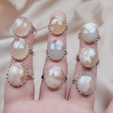 Natural Crystal Ring Silver Raw Cherry Agates Quartz Stone Adjustable Rings