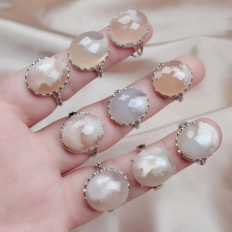 Natural Crystal Ring Silver Raw Cherry Agates Quartz Stone Adjustable Rings