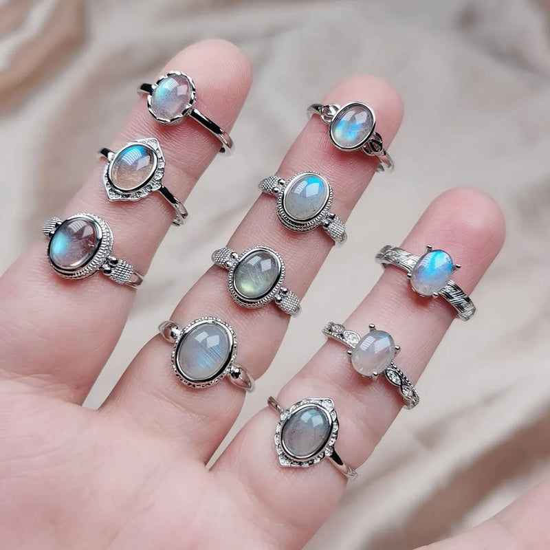 Natural Silver Grey Moonstone Labradorite Quartz Stone Adjustable Finger Ring