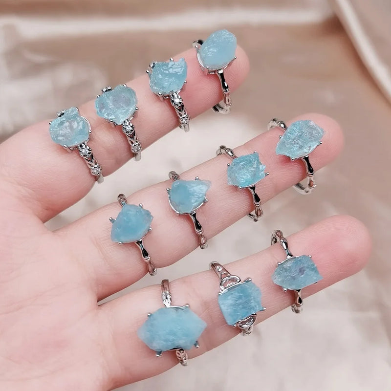 Natural Aquamarine Stone Finger Ring Quartz Wedding Jewelry